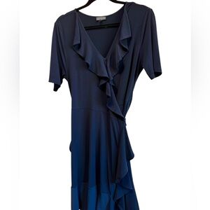 Elegant Blue wrap Dress with neck ruffle and flounce hem waist tie